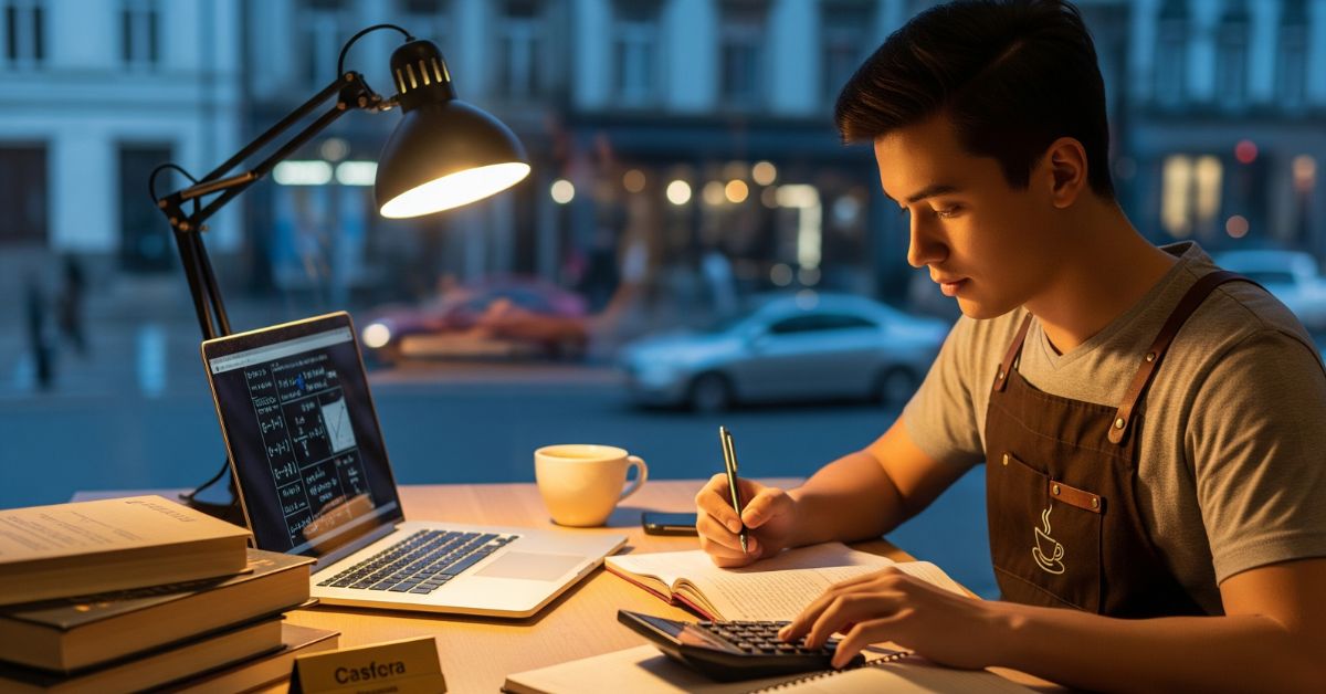 Student studying late with laptop and books with part-time work, supported by trusted Abroad Study Consultancy Kerala.